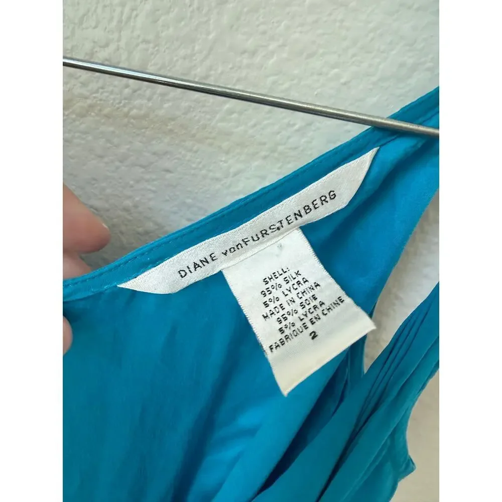 Vintage Diane Von Furstenberg Y2K Blue Silk Wrap V Neck Whimsy Dress Size 2 - Picture 4 of 5
